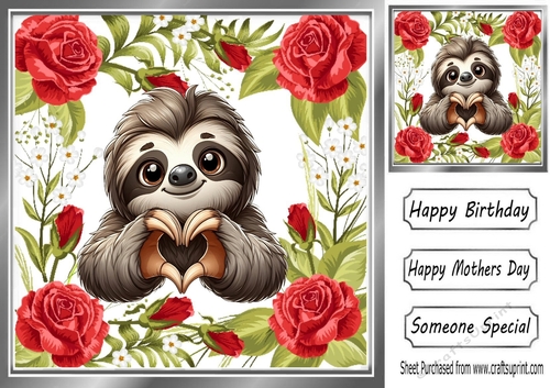 Pretty 8x8 Frame Of Red Roses With Sloth Making A Heart (THREE)