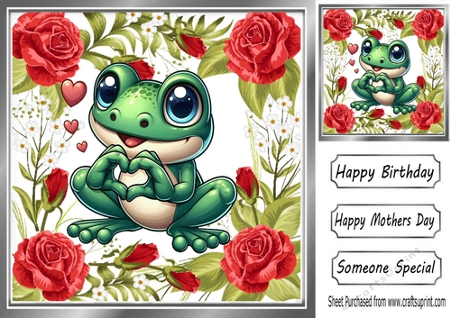 Pretty 8x8 Frame Of Red Roses With Frog Making A Heart (FOUR)
