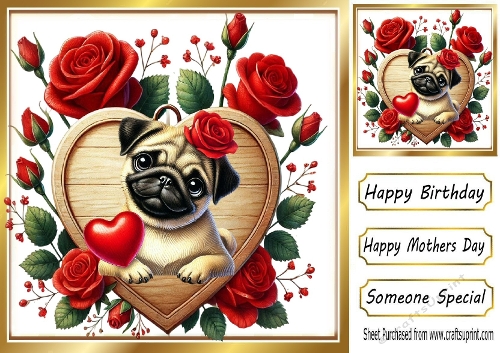 Cute Pug With Roses, On Wooden Heart 8x8