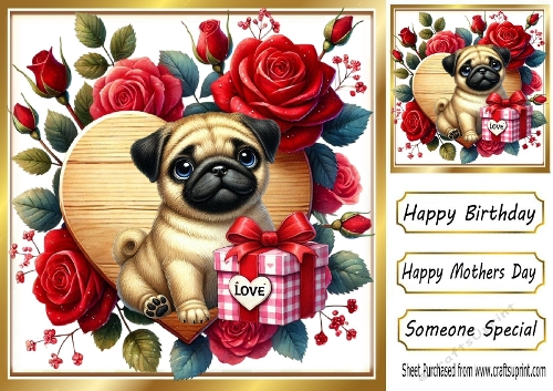Cute Pug With Roses & Gift On Wooden Heart 8x8 