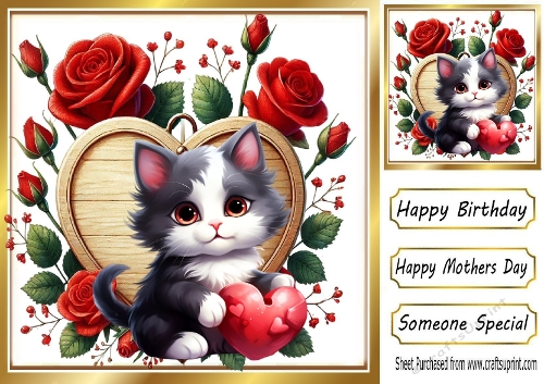 Cute Kitty With Roses, On Wooden Heart 8x8 (ONE)