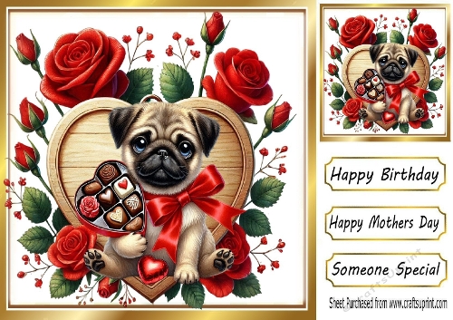 Cute Pug With Roses & Chocolates, On Wooden Heart 8x8