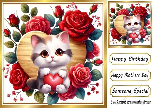 Cute Kitty With Roses, On Wooden Heart 8x8 (TWO)