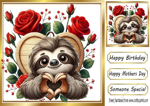 Cute Sloth With Roses, On Wooden Heart 8x8