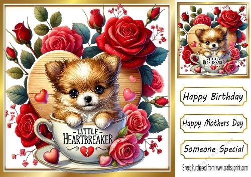 Cute Puppy In Teacup With Roses, On Wooden Heart 8x8 (One)