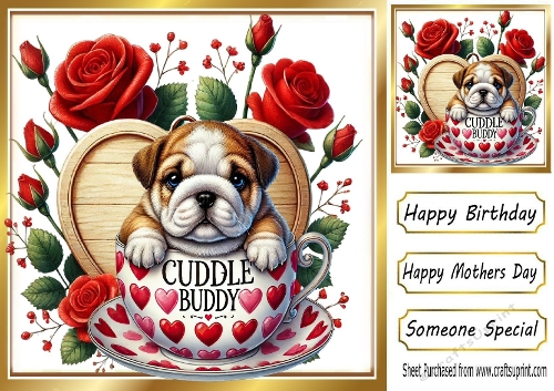 Cute Puppy Cuddle Buddy In Teacup With Roses, On Wooden Heart 8x8 (Two)