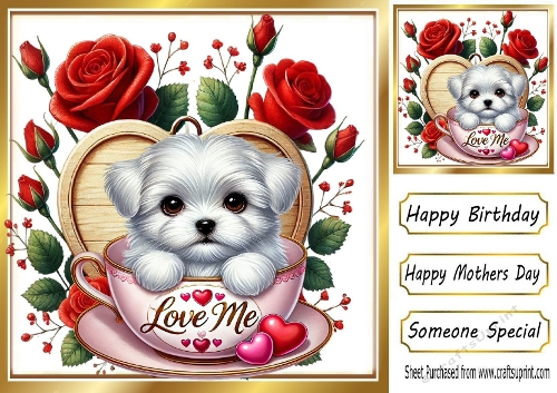 Cute White Puppy In Teacup With Roses, On Wooden Heart 8x8 (Three)
