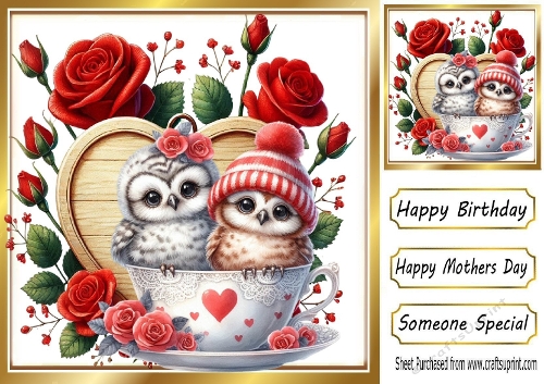 Cute Pair Of Owls In A Teacup With Roses On Wooden Heart 8x8