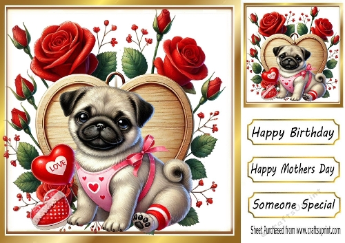 Cute Pug With Roses & Love Heart, On Wooden Heart 8x8