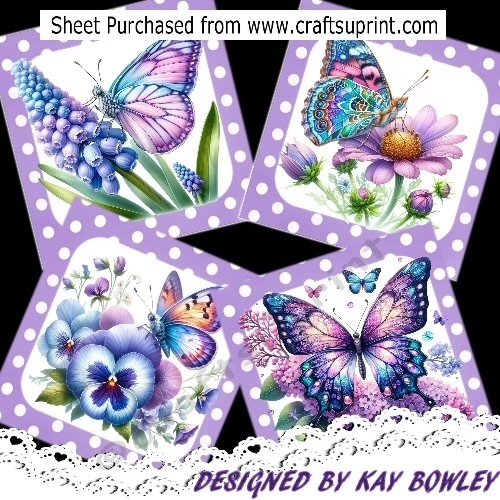 4 Pretty Purple Polkadot 8x8 Card Fronts Flowers/Butterflies Mini Kit