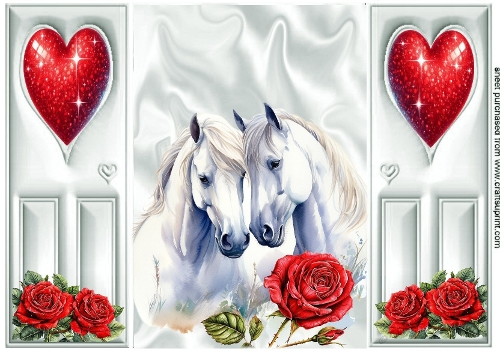 Silver A5 Gatefold With Red Roses & Hearts, Beautiful White Horses