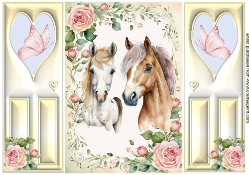 Pretty Horses With Butterflies And Pink Roses A5 Heart Gatefold (ONE)