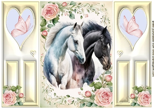 Pretty Horses With Butterflies And Pink Roses A5 Heart Gatefold (TWO)