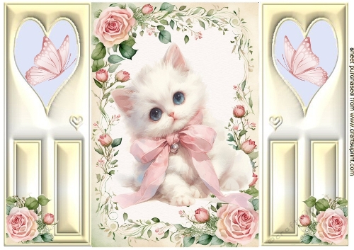 Pretty White Kitten With Butterflies And Pink Roses A5 Heart Gatefold 