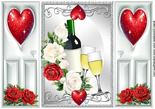 Silver A5 Gatefold With Red/White Roses & Hearts With Wine, 
