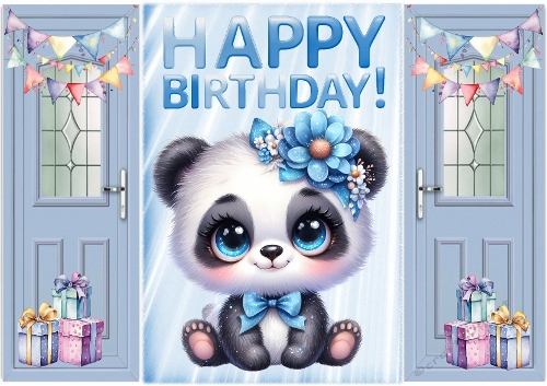 Cute Panda With Presents Blue Gatefold (THREE)
