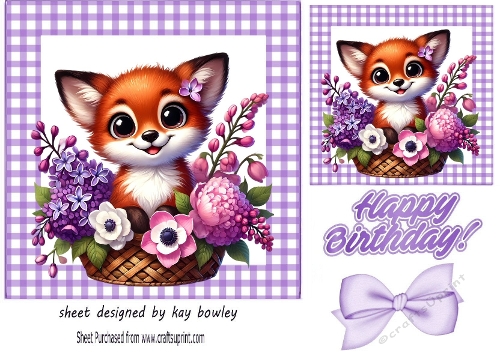 Cute Fox With Flowers In Purple Gingham 7X7 Frame (ONE)