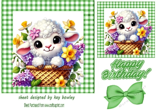 Cute Lamb With Flowers In Green Gingham 7X7 Frame (TWO)