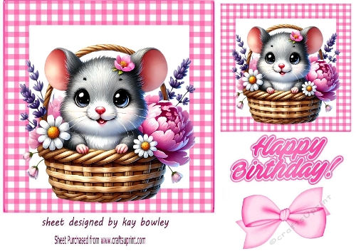 Cute Mouse With Flowers In Pink Gingham 7X7 Frame (THREE)