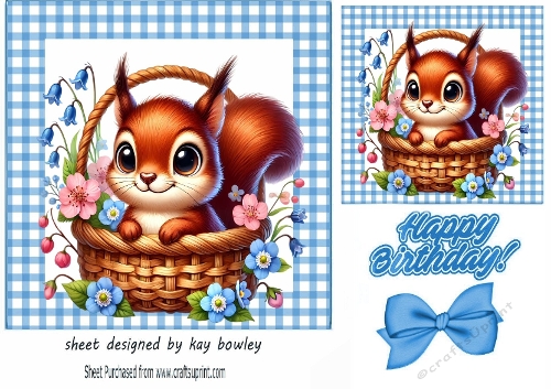Cute Squirrel With Flowers In Blue Gingham 7X7 Frame (FOUR)