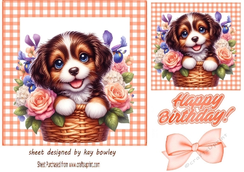 Cute Puppy With Flowers In Peach Gingham 7X7 Frame (FIVE)
