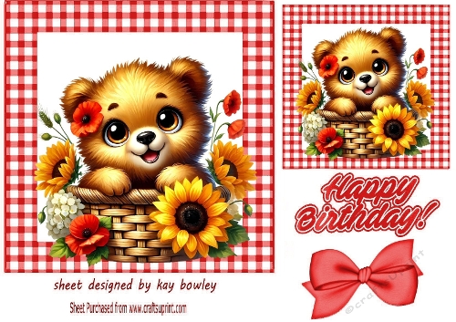 Cute Teddy With Flowers In Red Gingham 7X7 Frame (SIX)
