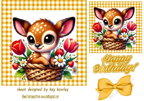 Cute Deer With Flowers In Gold Gingham 7X7 Frame (EIGHT)