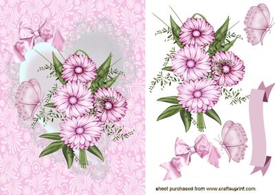 Pink Flowers on White Satin Heart