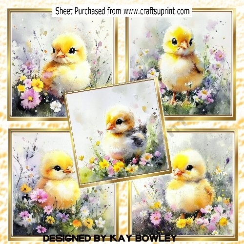 5 Cute Spring Yellow Chicks With Flowers 8X8 Card Fronts
