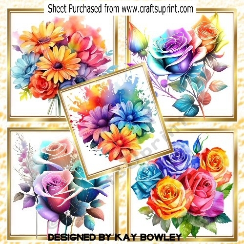 5 Pretty Rainbow Coloured Roses/Flowers 8X8 Card Fronts Mini Kit