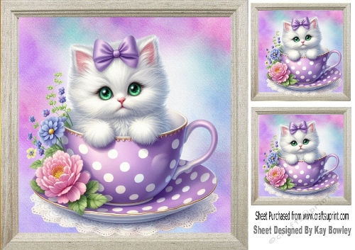 Cute White Kitty With Purple Bow 8X8 Toppers