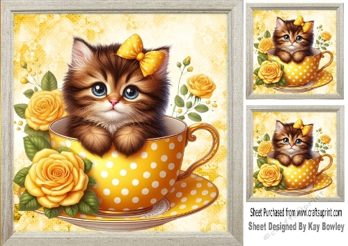 Cute Brown Kitty With Yellow Roses 8X8 Toppers