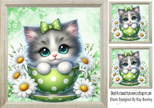 Cute Grey And White Kitty With Daisies/Green Bow 8X8 Toppers