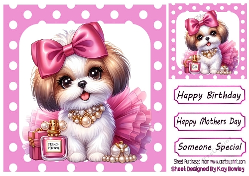 Cute Puppy With Makeup ,Pink Polkadot 8x8 (TWO)