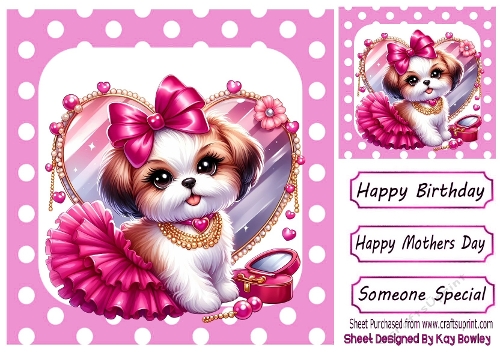 Cute Puppy With Makeup ,Pink Polkadot 8x8 (FOUR)