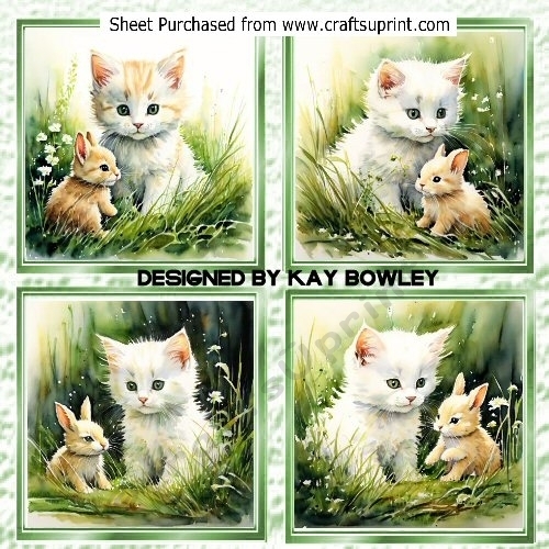 4 Cute Kittens With Bunnies 8x8 Card Fronts Mini Kit (ONE)