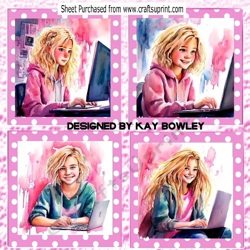 4 Girls With Computers/Pink Polkadot  8x8 Card Fronts Mini Kit 