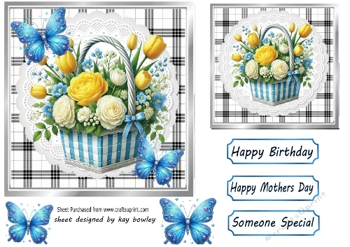 Pretty Basket Of Flowers In Black/White Gingham 7X7 Frame  (TWO)