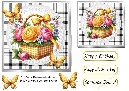 Pretty Basket Of Flowers In Black/White Gingham 7X7 Frame  (THREE)