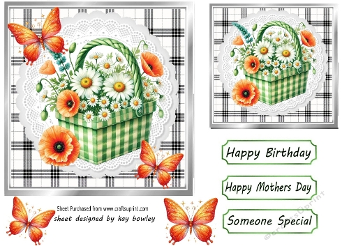 Pretty Basket Of Flowers In Black/White Gingham 7X7 Frame  (FOUR)