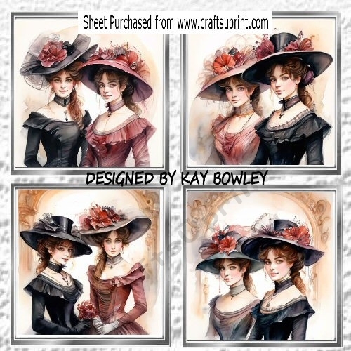 4 Pretty Ladies In Hats Vintage Style  8x8 Card Fronts Mini Kit