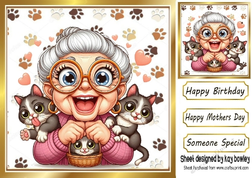 Cartoon Crazy Cat Lady With Paw Prints 8X8 (ONE)