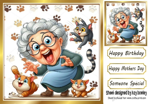 Cartoon Crazy Cat Lady With Paw Prints 8X8 (TWO)
