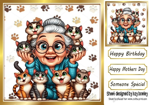 Cartoon Crazy Cat Lady With Paw Prints 8X8 (THREE)