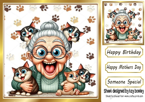 Cartoon Crazy Cat Lady With Paw Prints 8X8 (FOUR)