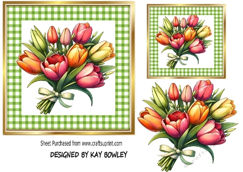 Pretty Rainbow Tulips In 7X7 Green Gingham Frame (ONE)