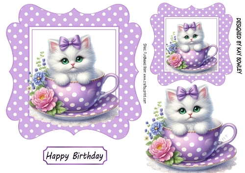 Cute Kitten In A Floral Teacup 7x7 Wavy Purple Polkadot Frame