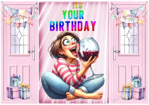 cup1374852_415 - Lovely Gatefold In Pink With Birthday Celebrating Wine Time