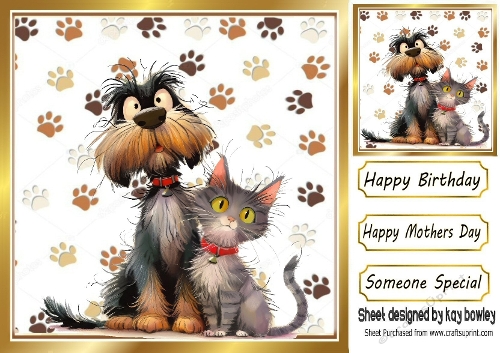 Funny Dog And Cat  With Paw Prints 8X8 (TWO)