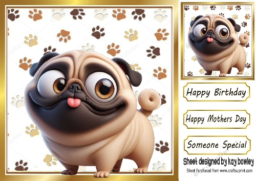 Funny Face Pug  With Paw Prints 8X8 (THREE)
